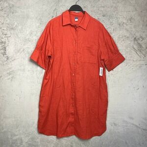 Old Navy Linen Blend Shirt Dress Medium Button Down‎ Short Sleeve Orange NWT